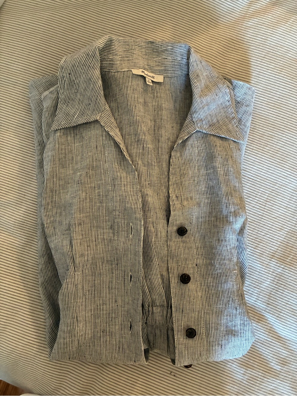 Madewell Blue and White Pinstripe Mini Dress - The Perry Shirtdress (linen)